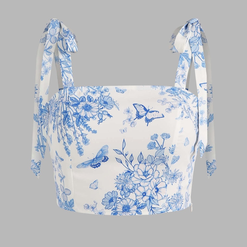 Floral & Butterfly Tie Shoulder Tank Top